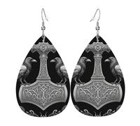Mjolnir And Crows Norse Mythology Symbol Leather Earrings Printed Earrings Creative Pendant For Party Beach