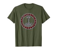 Mjolnir Thor Hammer Norse Mythology Viking Germanic Runes T-Shirt, Men, Olive Green, Small