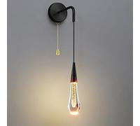 Mjsdjof Teardrop Crystal Wall Light, Metal Wall Pendant Lamp with Pull Switch, Mini Bedroom Bedside Wall Sconces, Modern LED Wall Lamps, Black/gold Decorative Lighting Wall Lights (5W)