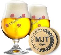 MJT Gifts Delirium Tremens Belgian Beer Glasses with Beer Coasters - 0.25 Liter - 2pk