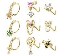 MJust 20G Dangle Nose Ring L Shaped Dangling Nose Stud for Women Stainless Steel Nose Ring Studs CZ Flower Dangle Nose Rings Hoops Nose Piercing Jewelry with Charm