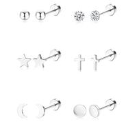 MJust 6 Pair Titanium Earings Stud for Sensitive Ears G23 Titanium Earrings for Women Star Moon Dot Ball Cross CZ 20 Gauge Titanium Cartilage Earrings Hypoallergenic Flat Back Earrings, Titanium,