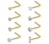 MJust Hypoallergenic Nose Rings 20G Titanium Nose Rings Studs L Shaped Nose Studs Rings Cubic Zirconia Opal Heart Ball Labret Lip Nose Piercing Jewelry for Women Men, 8 PCS, Titanium, cubic zirconia