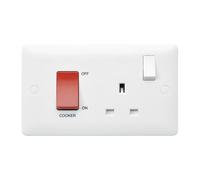 MK 45A Cooker Control Unit Double Pole with 13A DP Switched Socket, Red Rocker, White, Antimicrobial Urea, Dual Earth, 2 Gang, MB5060WHI