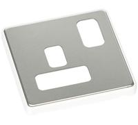 MK Dimensions 1 Gang 13A DP Dual Earth Switch Socket Satin Steel Finish Frontplate with a White Trim