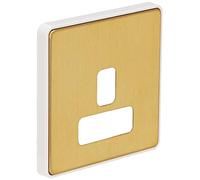 MK Dimensions 1 Gang 13A Dual Earth Socket Satin Brass Finish Frontplate with A White Trim