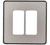 MK Dimensions 2 Gang 20A Large Rocker Switch Satin Steel Finish Frontplate with a Black Trim