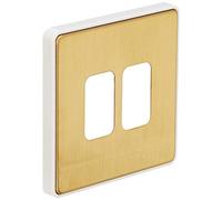 MK DIMENSIONS 2G 20A SWITCH/2 MOD GRID FRONTPLATE SATIN BRASS WITH WHITE TRIM