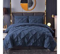 MK Home Textile Pintuck Duvet Cover 3 Piece Pinch Pleat Bedding Sets - 100% Cotton Percale 200 Thread Count Quilt Covers - White/Silver Grey/Charcoal/Pink/Navy Bed Set (Navy, King)