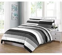 MK Home Textile Stripe Duvet Cover Set, 100% Cotton Rich 200 Thread Count Soft Reversible Quilt Covers White | Red | Black | Grey Bedding Sets Double King Super King Size (Grey Stripe, Super King)