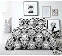 MK Home Textile Super King Size Duvet Cover Set Black Skull Reversible Cotton Bedding White Stripe Quilt Covers with Pillow Cases Double King SuperKing Bed Size Printed Set (Super King, Skull)