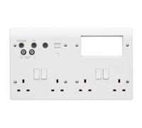 MK Logic Plus K2740WHI White Moulded 13A 4G DP Multimedia Plate with TV/FM/DAB/SAT Telephone & 4x Euro Aperture