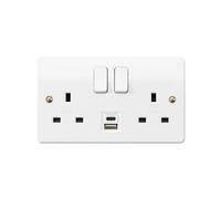 MK Logic Plus K2766WHI White Moulded 13A 2G DP Switched Socket with Type C USB PD 30W Fast Charging Ports & Dual Earth Terminals