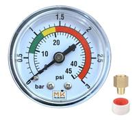 MK MEASURING - Pool Filter Pressure Gauge 0-3 Bar / 45 PSI, 2" Dial, 1/4" NPT Brass Fitting - for Sand Filters, Hot Tubs, Spas - Includes PTFE Tape & 1/8" Adapter