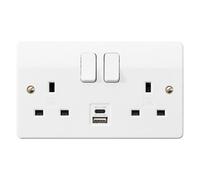 Mk White Double 13A Raised Slim Switched Screwed Socket With Usb, X2