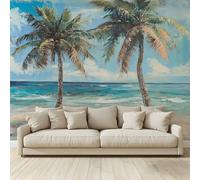 MKBKLI 3D Panoramic Custom Non-Woven Photo Thick Paint Coconut Tree Seascape Wall Mural 350x256 cm, Warm Art Print for Living Room Bedroom TV Backdrop Hotel Corridor Decor