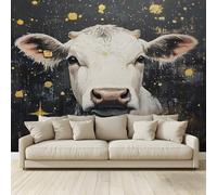 MKBKLI 3D Panoramic Custom Non-Woven Photo White Cow with Gold Foil Starry Sky Wall Mural 400x280 cm, Warm Art Print for Living Room Bedroom TV Backdrop Hotel Corridor Decor