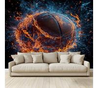 MKBKLI Mural Wallpaper Basketballs Flames Stripes Photo Backdrop Non-Woven Poster Picture Art Print for Living Room Bedroom TV Theme Hotel Warm Décor Papel 350 (W) x 256 (H) cm