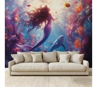 MKBKLI Mural Wallpaper Mermaid Dolphin Ocean Photo Backdrop Non-Woven Poster Picture Art Print for Living Room Bedroom TV Theme Hotel Warm Décor Papel 400 (W) x 280 (H) cm