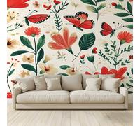 MKBKLI Mural Wallpaper RedGreen Floral Butterflies Photo Backdrop Non-Woven Poster Picture Art Print for Living Room Bedroom TV Theme Hotel Warm Décor Papel 300 (W) x 210 (H) cm