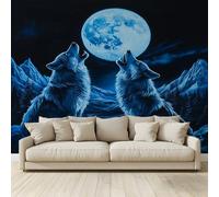MKBKLI Mural Wallpaper Two Howling WolvesBlue Moonlight Photo Backdrop Non-Woven Poster Picture Art Print for Living Room Bedroom TV Theme Hotel Warm Décor Papel 200(W) x 140(H) cm