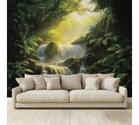 MKBKLI Mural Wallpaper Waterfall Moss Rock Green Photo Backdrop Non-Woven Poster Picture Art Print for Living Room Bedroom TV Theme Hotel Warm Décor Papel 300 (W) x 210 (H) cm
