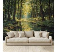 MKBKLI Mural Wallpaper Woods River Green Leaves Photo Backdrop Non-Woven Poster Picture Art Print for Living Room Bedroom TV Theme Hotel Warm Décor Papel 350 (W) x 256 (H) cm