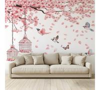 MKBKLI Photo Wallpaper Pink Cherry Blossom Tree Birdcage Poster Picture Non-Woven Mural 3D Panoramic Custom Wall Art Print Living Room Bedroom TV Backdrop Corridor Decoration 350 (W) x 256 (H) cm