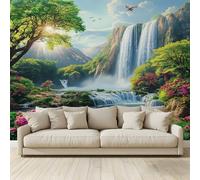 MKBKLI Photo Wallpaper Waterfall Landscape Colourful Flowers Poster Picture Non-Woven Mural 3D Panoramic Custom Wall Art Print Living Room Bedroom TV Backdrop Corridor Decoration 350 (W) x 256 (H) cm