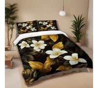 MKBKLI Single Duvet Cover Set white flowers and golden leaves 3d Print Ultra Soft Comfort Microfiber Stripe Bedding Quilt Cover 135x200 cm with 2 Pillowcases with Zipper Closure