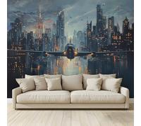 MKBKLI Wallpaper Bedroom Kids Boys 3D Wallpaper Mural Night City Airplanes in New York Kids Teens Room 3D Poster Photo Wall Decoration Themed Room Playroom 200 (W) x 140 (H) cm（524）