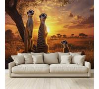 MKBKLI Wallpaper Bedroom Kids Boys 3D Wallpaper Mural Sunset Prairie Meerkat Kids Teens Room 3D Poster Photo Wall Decoration Themed Room Playroom 300 (W) x 210 (H) cm