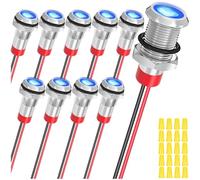MKBKLLJY 10Pcs 8mm DC12-24V Blue LED Metal Indicator Light Waterproof Signal Lamp with 150mm Cable Length Metal LED Indicator Light and Wiring Cap for Car Interior Trucks Boats Engine taillight