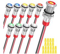 MKBKLLJY 10Pcs AC/DC12-24V LED Indicator Lights 1/4"(6mm)Waterproof Flat Head Indicator Signal Lamp 5Color(Red/Yellow/Blue/Green/White)with 150mm Cable Length Metal LED Indicator Light and Wiring Cap