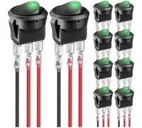 MKBKLLJY 10Pcs Round Rocker Switch Green LED 12V 20A 3Pin Wired LED Light Power On Off Switch SPST Lighted Toggle Switch with 30Pcs Locked Terminal Wires for Car Truck RV Vehicle Marine Yacht Boat