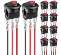 MKBKLLJY 10Pcs Round Rocker Switch Red LED 12V 20A 3Pin Wired LED Light Power On Off Switch SPST Lighted Toggle Switch with 30Pcs Locked Terminal Wires for Car Truck RV Vehicle Marine Yacht Boat