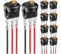 MKBKLLJY 10Pcs Round Rocker Switch Yellow LED 12V 20A 3Pin Wired LED Light Power On Off Switch SPST Lighted Toggle Switch with 30Pcs Locked Terminal Wires for Car Truck RV Vehicle Marine Yacht Boat