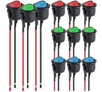 MKBKLLJY 12Pcs 20mm Red/Blue/Green LED Round Rocker Switch SPST 2Pin On/Off Snap-in Design Mini 12 Volt DC Mini Circle Toggle Switch AC 10A 125V 6A 250V for Car Boat Auto RV with Pre-soldered Wires