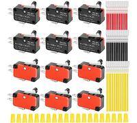 MKBKLLJY 12Pcs Lead Limit Switch Short Hinge Roller Lever Arm 13.5mm/0.53inch,1NO 1NC SPDT 3Pin Momentary Snap Action Micro Switch for Arduino with 36Pcs Terminal Wires and 20Pcs Wiring Caps