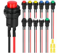 MKBKLLJY 12Pcs Self-locking Push Button Switch 12mm AC 250V/1.5A 125V/3A 2Pin SPST Red/Yellow/Blue/Green/Black/White 12V24V36V Latching Round Switch with Pre-wired Wires and Wiring Cap for Car Boat