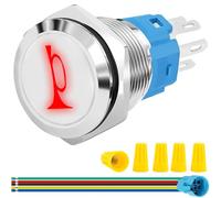 MKBKLLJY 16MM Horn Switch Raised Speaker Horn Momentary Push Button Switch DC 12V-24V 5A 5/8" Mounting Hole Red LED Light Waterproof Silver Stainless Steel Shell SPDT with Pre-Wiring for Car