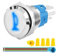 MKBKLLJY 16MM Horn Switch Raised Speaker Horn Momentary Push Button Switch DC 12V-24V 5A 5/8" Mounting Hole Bule LED Light Waterproof Silver Stainless Steel Shell SPDT with Pre-Wiring for Car