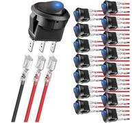 MKBKLLJY 16Pcs DC 12V 20A illuminated Round Rocker Switch 3Pin Wired Blue LED Light Power On Off Switch SPST Toggle Switch for Marine Yacht Boat Car Truck RV Vehicle,with 48pcs Locked Terminal Wires