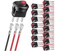 MKBKLLJY 16Pcs Round Rocker Switch Red LED 12V 20A 3Pins Wired LED Light Power On Off Switch SPST Lighted Toggle Switch for Car Truck RV Vehicle Marine Yacht Boat,with 48pcs Locked Terminal Wires