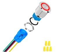 MKBKLLJY 1Pcs 16mm Silvery Self-Locking Push Button Switch DC 12V 5A On Off Stainless Steel Waterproof Red LED Angel Ring Head for 0.63" Mounting Hole with Wire Socket Plug Wiring Cap for Car Boat RV