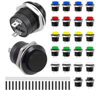 MKBKLLJY 24PCS 16mm Waterproof Momentary Push Button 3A 250V AC SPST 15MM Mini Switch 6 Colour Round Cap ON OFF 2-Pin Self-Resetting R13-507 for Boat With 3PCS Solder Wire 20PCS Heat Shrink Tubing