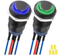 MKBKLLJY 2Pcs 12mm Latching Blue/Green LED Push Button Switch Black Metal Shell IP65 Waterproof 12V 24V 3A DC SPST 2Position Self-locking ON OFF Switch with Pre-wired Wires and Wiring Cap for Car