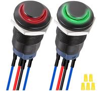 MKBKLLJY 2Pcs 12mm Latching Red/Green LED Push Button Switch Black Metal Shell IP65 Waterproof 12V 24V 3A DC SPST 2Position Self-locking ON OFF Switch with Pre-wired Wires and Wiring Cap for Car