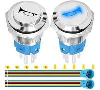 MKBKLLJY 2PCS 16MM Horn Switch Raised Speaker Horn Momentary Push Button Switch DC 12V-24V 5A 5/8" Mounting Hole Bule LED Light Waterproof Silver Stainless Steel Shell SPDT with Pre-Wiring for Car