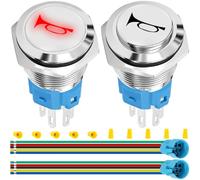 MKBKLLJY 2PCS 16MM Horn Switch Raised Speaker Horn Momentary Push Button Switch DC 12V-24V 5A 5/8" Mounting Hole Red LED Light Waterproof Silver Stainless Steel Shell SPDT with Pre-Wiring for Car